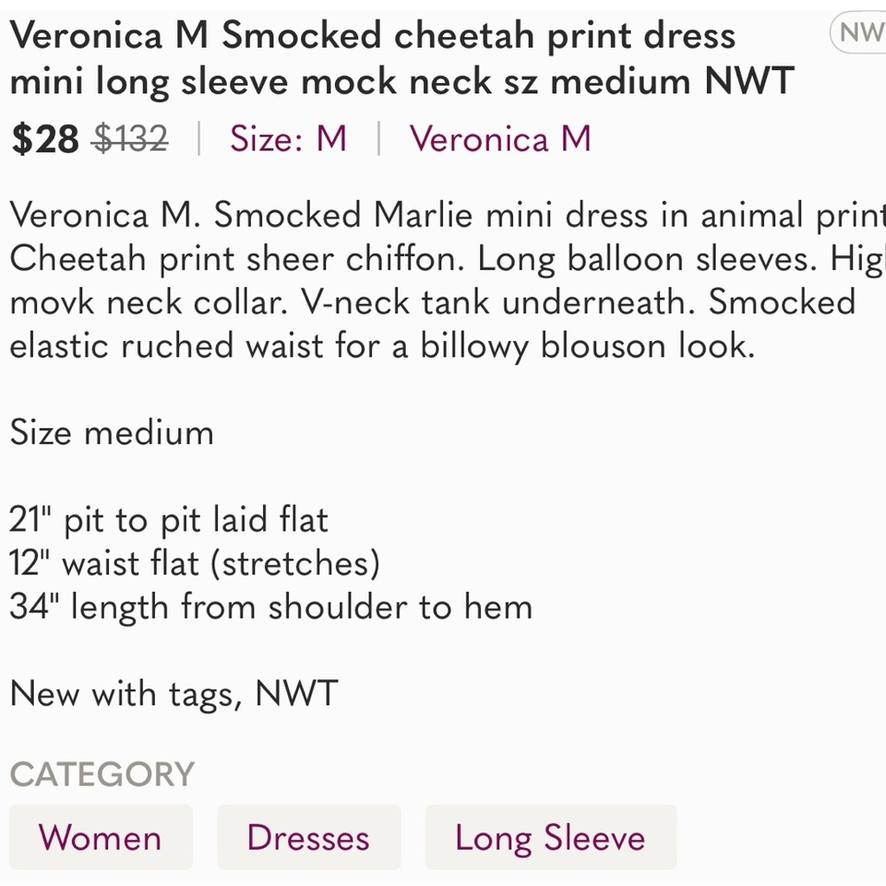 Veronica M Smocked cheetah print dress mini long sleeve mock neck sz medium NWT - Picture 5 of 6